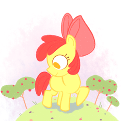 Size: 1000x1000 | Tagged: safe, artist:podushkinz, derpibooru import, apple bloom, earth pony, pony, apple, apple tree, female, filly, foal, food, giantess, macro, solo, tree