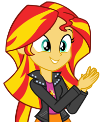 Size: 5143x6244 | Tagged: safe, artist:andoanimalia, derpibooru import, sunset shimmer, equestria girls, rainbow rocks, absurd resolution, clapping, clothes, female, grin, jacket, leather jacket, simple background, smiling, solo, transparent background, vector