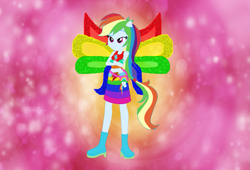 Size: 989x671 | Tagged: safe, artist:selenaede, artist:user15432, derpibooru import, rainbow dash, human, equestria girls, barely eqg related, base used, boots, charmix, clothes, colored wings, crossed arms, crossover, cutie mark, cutie mark on clothes, element of loyalty, fairy, fairy wings, fairyized, female, gloves, high heel boots, high heels, magic winx, multicolored wings, ponied up, rainbow wings, shoes, wings, winx, winx club, winxified