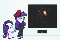 Size: 3000x2000 | Tagged: safe, artist:t72b, derpibooru import, rarity, pony, unicorn, art gallery, beatnik rarity, beret, clothes, eyes closed, eyeshadow, female, hat, makeup, mare, plaque, smiling, solo, sparkles, sweater