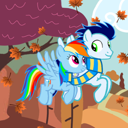 Size: 720x720 | Tagged: safe, artist:mlplary6, derpibooru import, rainbow dash, soarin', autumn, clothes, female, flying, leaves, male, scarf, shared clothing, shared scarf, shipping, soarindash, straight