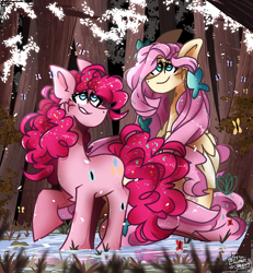 Size: 2500x2700 | Tagged: safe, artist:its_sunsetdraws, derpibooru import, fluttershy, pinkie pie, butterfly, earth pony, pegasus, cheek fluff, colored lineart, digital art, fanart, female, flutterpie, forest, forest background, grass, lesbian, looking up, redraw, reflection, shipping, standing in water