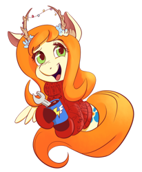 Size: 500x607 | Tagged: safe, artist:bonusjosh, derpibooru import, oc, oc only, oc:spirit, pegasus, pony, antlers, christmas, christmas lights, clothes, coffee mug, female, holiday, hoof hold, mare, mug, open mouth, open smile, simple background, smiling, solo, sweater, transparent background, turtleneck, wrench