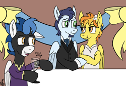 Size: 1802x1225 | Tagged: safe, artist:whirlwindflux, derpibooru import, soarin', spitfire, oc, oc:whirlwind flux, pegasus, pony, clothes, costume, dress, facial hair, female, firestarter spitfire, glass, goatee, looking at each other, male, mare, marriage, shadowbolts costume, shipping, soarinfire, stallion, straight, tuxedo mask, wedding, wedding dress, wine glass