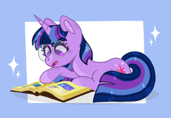 Size: 842x583 | Tagged: safe, artist:yourrdazzle, derpibooru import, twilight sparkle, unicorn twilight, pony, unicorn, book, female, glasses, lying down, prone, solo