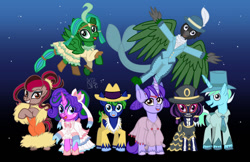 Size: 1024x663 | Tagged: safe, artist:kelseyleah, derpibooru import, oc, oc only, oc:daisy daedal, oc:devil's food cupcake, oc:midnight show, oc:naturally unique, oc:rasul, oc:raven luster, oc:rose moon, oc:torrent, griffon, clothes, costume, female, male, mare, nightmare night costume, stallion