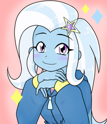 Size: 640x740 | Tagged: safe, artist:batipin, derpibooru import, trixie, human, equestria girls, blushing, clothes, cute, diatrixes, eyebrows, eyebrows visible through hair, eyelashes, female, hairpin, hand, hoodie, looking at you, simple background, smiling, smiling at you, solo, zipper