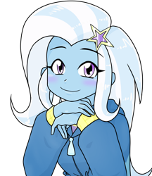 Size: 640x740 | Tagged: safe, alternate version, artist:batipin, derpibooru import, trixie, human, equestria girls, blushing, clothes, cute, diatrixes, eyebrows, eyebrows visible through hair, eyelashes, female, hairpin, hand, hoodie, looking at you, simple background, smiling, smiling at you, solo, transparent background, zipper