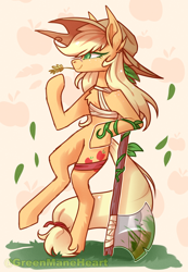 Size: 2000x2896 | Tagged: safe, artist:greenmaneheart, derpibooru import, applejack, earth pony, pony, axe, bandage, bipedal, bipedal leaning, female, leaning, mare, solo, straw in mouth, weapon