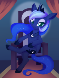 Size: 894x1182 | Tagged: safe, artist:dusthiel, derpibooru import, princess luna, alicorn, pony, ethereal mane, female, furniture, jewelry, looking at you, regalia, solo, throne