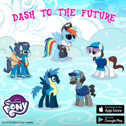 Size: 1080x1080 | Tagged: safe, derpibooru import, rainbow dash, rumble, star hunter, earth pony, pegasus, pony, clothes, gameloft, jacket, my little pony logo, official, uniform, wonderbolt trainee uniform, wonderbolts, wonderbolts uniform