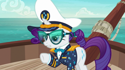 Size: 1920x1080 | Tagged: safe, derpibooru import, screencap, rarity, pony, ppov, boat, captain rarity, clothes, female, ocean, solo