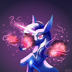 Size: 2500x2500 | Tagged: safe, artist:celes-969, derpibooru import, trixie, pony, unicorn, female, glowing, glowing eyes, levitation, looking at you, magic, playing card, slit eyes, smiling, solo, telekinesis