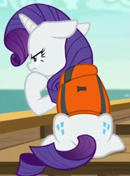 Size: 345x464 | Tagged: safe, derpibooru import, screencap, rarity, pony, ppov, angry, boat, both cutie marks, cropped, ears, female, floppy ears, lifejacket, solo