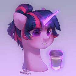 Size: 2300x2300 | Tagged: safe, artist:anku, derpibooru import, twilight sparkle, unicorn twilight, pony, unicorn, alternate hairstyle, coffee, female, glowing, glowing horn, head, horn, short hair, solo