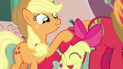 Size: 1280x720 | Tagged: safe, derpibooru import, screencap, apple bloom, applejack, big macintosh, earth pony, pony, season 7, the perfect pear, ^^, adorabloom, cute, eyes closed, female, filly, foal, hoof on head, jackabetes, male, noogie, sibling love, sisterly love, smiling, stallion, trio