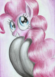 Size: 1653x2321 | Tagged: safe, artist:3500joel, derpibooru import, pinkie pie, earth pony, pony, balloonbutt, butt, clothes, female, grin, looking at you, looking back, looking back at you, pants, plot, smiling, solo, traditional art