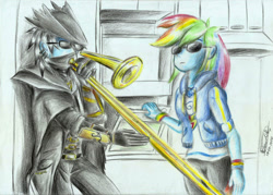 Size: 2324x1660 | Tagged: safe, artist:3500joel, derpibooru import, rainbow dash, oc, oc:finger sound, equestria girls, clothes, duo, female, jacket, male, meme, musical instrument, oven, sunglasses, traditional art, trombone, when mama isn't home