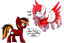 Size: 3017x2021 | Tagged: safe, artist:memeancholy, derpibooru import, oc, oc only, oc:making amends, oc:red flame, bat pony, pegasus, pony, unicorn, 11th anniversary, anniversary art, female, flying, glasses, happy, horn, nodding, simple background, smiling, speech, speech bubble, standing, talking, transparent, transparent background, wings