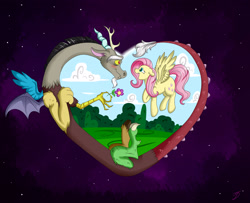 Size: 3200x2600 | Tagged: safe, artist:takutanuvataio, derpibooru import, discord, fluttershy, draconequus, pegasus, pony, blushing, discoshy, female, flower, flying, heart, high res, looking at each other, male, mare, open mouth, open smile, shipping, signature, smiling, smiling at each other, space, spread wings, straight, wings