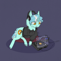 Size: 1400x1400 | Tagged: safe, artist:lef-fa, derpibooru import, lyra heartstrings, pony, unicorn, alternate cutie mark, clothes, dig the swell hoodie, female, headphones, hoodie, horn, lying down, prone, record player, simple background, solo
