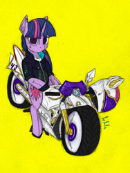 Size: 1300x1733 | Tagged: safe, artist:lef-fa, derpibooru import, twilight sparkle, alicorn, pony, female, helmet, motorcycle, simple background, solo, yellow background