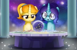 Size: 2048x1335 | Tagged: safe, artist:jhayarr23, derpibooru import, oc, oc only, pony, unicorn, cosmic wizard, crystal ball, duo, duo female, female, flat earth, glasses, horn, lidded eyes, macro, mare, open mouth, pony bigger than a planet, pony bigger than a star, space, wizard