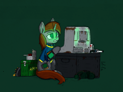 Size: 1500x1125 | Tagged: safe, artist:lef-fa, derpibooru import, oc, oc only, oc:littlepip, pony, unicorn, fallout equestria, ammobox, ammunition, bag, bandage, clothes, computer, crate, cropped, drink, female, glowing, glowing horn, green background, gritted teeth, gun, hacking, handgun, horn, landmine, little macintosh, looking at something, mare, pipbuck, revolver, saddle bag, screwdriver, simple background, sitting, solo, terminal, three quarter view, traditional art, vault suit, water, weapon