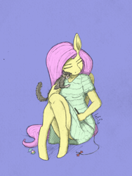 Size: 1500x2000 | Tagged: safe, artist:lef-fa, derpibooru import, fluttershy, anthro, cat, unguligrade anthro, cat toy, clothes, cropped, cute, daaaaaaaaaaaw, dress, eyes closed, female, folded wings, holding, kitten, shyabetes, simple background, sitting, solo, three quarter view, traditional art, wings