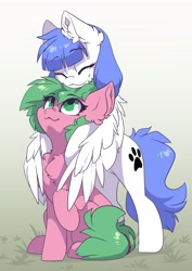 Size: 2481x3507 | Tagged: safe, artist:arctic-fox, derpibooru import, oc, oc only, oc:snow pup, earth pony, pegasus, pony, chest fluff, duo, ear fluff, ears, eyes closed, female, grass, hug, hugging a pony, smiling, winghug, wings