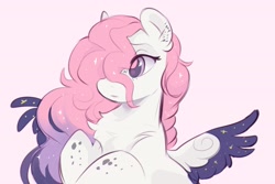 Size: 3543x2362 | Tagged: safe, artist:apple_nettle, derpibooru import, oc, oc only, pegasus, pony, chest fluff, female, freckles, mare, pink background, simple background, solo, spots, spread wings, wings