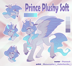 Size: 1800x1659 | Tagged: safe, artist:meowcephei, derpibooru import, oc, oc:prince plushy soft, alicorn, alicorn oc, commission, horn, male, reference sheet, wings