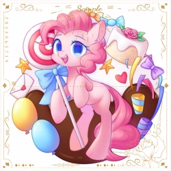 Size: 2500x2500 | Tagged: safe, artist:leafywind, derpibooru import, pinkie pie, earth pony, pony, balloon, cake, candy, colored pupils, cute, diapinkes, female, food, heart, high res, letter, lollipop, mare, missing cutie mark, obtrusive watermark, open mouth, open smile, rearing, sample, smiling, solo, starry eyes, stars, streamers, watermark, wingding eyes