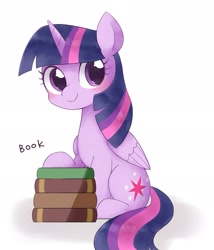 Size: 1532x1789 | Tagged: safe, artist:ginmaruxx, derpibooru import, twilight sparkle, twilight sparkle (alicorn), alicorn, pony, blushing, book, bookhorse, cute, female, folded wings, mare, simple background, sitting, solo, twiabetes, white background, wings