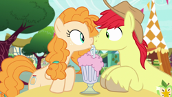 Size: 1280x720 | Tagged: safe, derpibooru import, screencap, bright mac, pear butter, earth pony, pony, season 7, the perfect pear, boop, brightbutter, duo, female, looking at each other, male, mare, milkshake, noseboop, shipping, stallion, straight