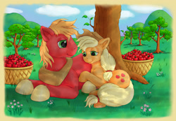 Size: 3614x2500 | Tagged: safe, artist:ratwhiskers, derpibooru import, applejack, big macintosh, earth pony, pony, apple, apple tree, basket, brother and sister, duo, female, food, lying down, male, orchard, prone, resting, siblings, smiling, stallion, tree