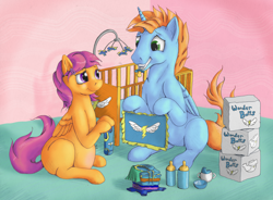 Size: 2178x1600 | Tagged: safe, artist:ratwhiskers, derpibooru import, scootaloo, oc, oc:harmony star, alicorn, pegasus, pony, alicorn oc, ask, ask pregnant scootaloo, baby bottle, crib, diaper, female, horn, male, pacifier, pregnant, pregnant scootaloo, teen pregnancy, teenager, wings