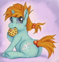 Size: 1200x1277 | Tagged: safe, artist:ratwhiskers, derpibooru import, snips, sugar, pony, unicorn, butt, chubby, cookie, female, filly, foal, food, plot, rule 63, sitting, solo