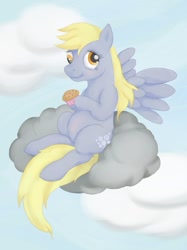 Size: 1000x1337 | Tagged: safe, artist:ratwhiskers, derpibooru import, derpy hooves, pegasus, pony, cloud, female, food, muffin, sky, solo