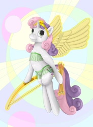 Size: 2199x3000 | Tagged: safe, artist:ratwhiskers, derpibooru import, sweetie belle, pony, unicorn, arrow, artificial wings, augmented, bow (weapon), clothes, cupid, female, filly, flying, foal, heart arrow, hoof hold, magic, magic wings, skirt, solo, wings