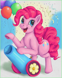 Size: 1400x1758 | Tagged: safe, artist:ratwhiskers, derpibooru import, pinkie pie, earth pony, pony, balloon, bipedal, bipedal leaning, confetti, female, leaning, open mouth, party cannon, solo