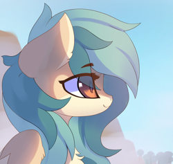 Size: 2600x2464 | Tagged: safe, artist:jfrxd, derpibooru import, oc, oc only, oc:peacher, pegasus, blue background, chest fluff, ear fluff, ears, fluffy, green mane, headshot commission, looking to side, looking to the right, orange eyes, pegasus oc, simple background, smiling