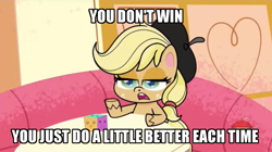 Size: 1276x715 | Tagged: safe, derpibooru import, edit, edited screencap, screencap, applejack, earth pony, pony, how applejack got her hat back, my little pony: pony life, beret, caption, family guy, female, hat, image macro, open mouth, solo, sugarcube corner, text