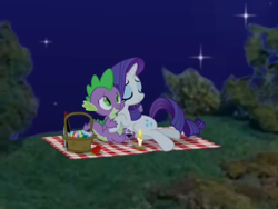 Size: 2160x1620 | Tagged: safe, artist:georgegarza01, derpibooru import, edit, rarity, spike, dragon, pony, unicorn, candle, eyes closed, female, gemstones, love, male, night, picnic, picnic blanket, romantic, shipping, sparity, straight, tree, winged spike, wings, youtube link