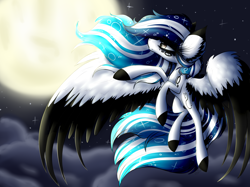 Size: 4500x3358 | Tagged: safe, artist:beamybutt, derpibooru import, oc, oc only, oc:marie pixel, pegasus, pony, cloud, colored wings, ear fluff, ears, eyelashes, flying, full moon, moon, night, pegasus oc, solo, stars, two toned wings, wings