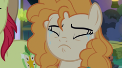 Size: 1280x720 | Tagged: safe, derpibooru import, screencap, bright mac, pear butter, earth pony, pony, the perfect pear, crying, duo, eyes closed, female, heartbreak, male, mare, sad, stallion