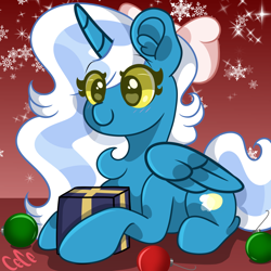 Size: 1000x1000 | Tagged: safe, artist:endergurl22, derpibooru import, oc, oc:fleurbelle, alicorn, alicorn oc, bauble, baubles, bow, cute, female, hair bow, horn, mare, present, snow, snowflake, wingding eyes, wings