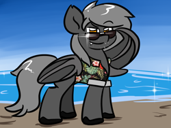 Size: 1024x768 | Tagged: safe, artist:tranzmuteproductions, derpibooru import, oc, oc only, oc:tranzmute, bat pony, pony, bat pony oc, bat wings, male, outdoors, smiling, stallion, sunglasses, wing hands, wings