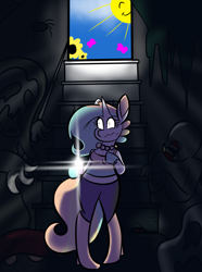 Size: 1266x1699 | Tagged: safe, artist:tranzmuteproductions, derpibooru import, oc, oc only, anthro, unguligrade anthro, unicorn, cave, clothes, horn, jewelry, necklace, pearl necklace, scared, smiling, sun, unicorn oc