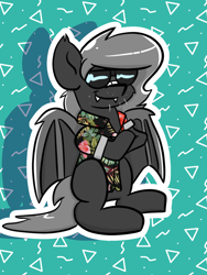 Size: 768x1024 | Tagged: safe, artist:tranzmuteproductions, derpibooru import, oc, oc only, oc:tranzmute, bat pony, pony, abstract background, bandaid, bat pony oc, clothes, crossed arms, male, smiling, solo, stallion, sunglasses